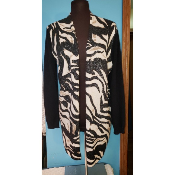 Neiman Marcus Black Animal Print Cashmere Long Cardigan Duster Open Front Size S - Picture 1 of 10